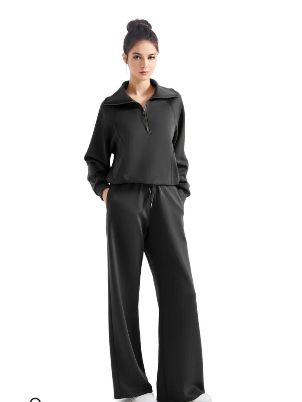 Black Wide-Leg Half-Zip Jumpsuit with Drawstring Waist